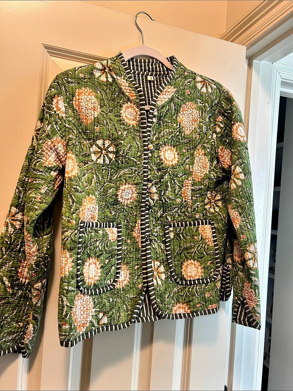Reversible Floral Bomber Jacket in Green & Orange Size Small Like New Hand Made